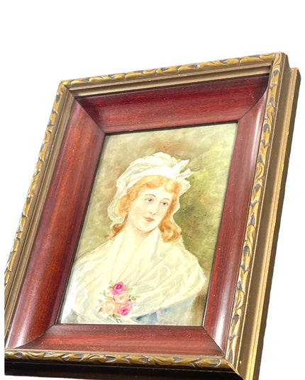Vintage 1950s Hand painted painting of Victorian girl fabcy wood frame