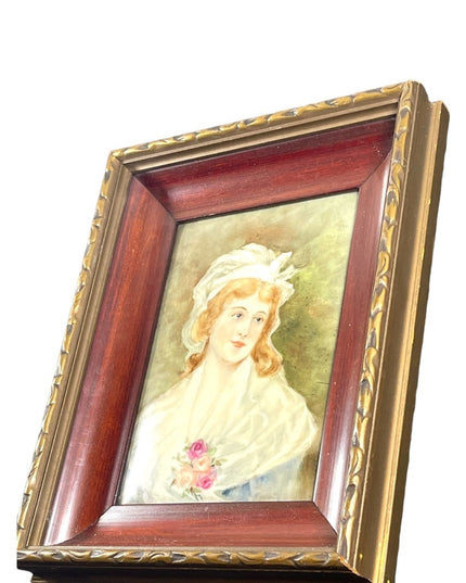 Vintage 1950s Hand painted painting of Victorian girl fabcy wood frame
