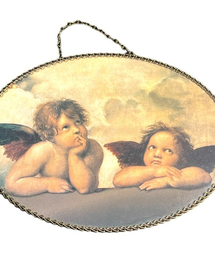 Vintage 1950s Lucite Raphaels Angels oval wall hanging or dresser tray