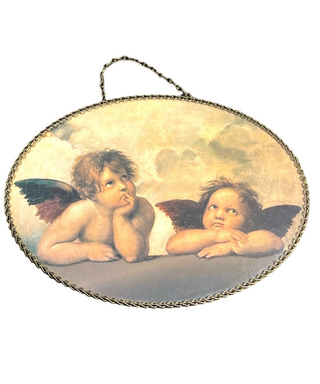 Vintage 1950s Lucite Raphaels Angels oval wall hanging or dresser tray