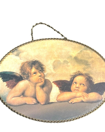 Vintage 1950s Lucite Raphaels Angels oval wall hanging or dresser tray