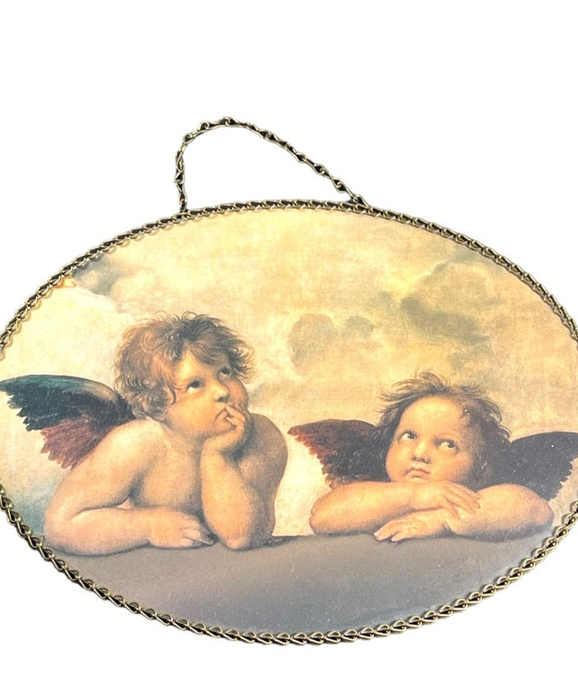Vintage 1950s Lucite Raphaels Angels oval wall hanging or dresser tray