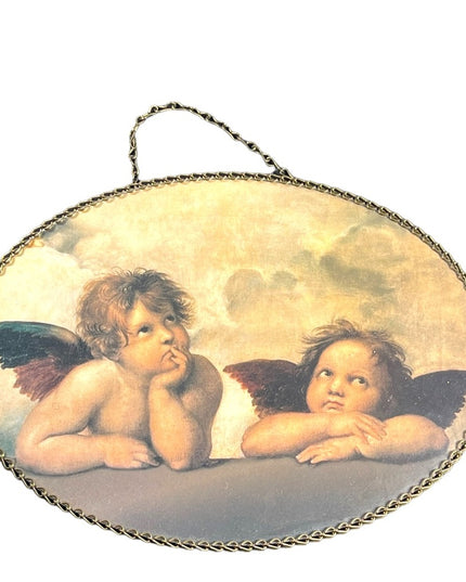 Vintage 1950s Lucite Raphaels Angels oval wall hanging or dresser tray
