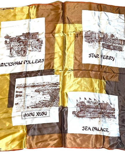 Vintage 1960s HONG KONG Lane Crawfords tourist scarf vacation yellow brown