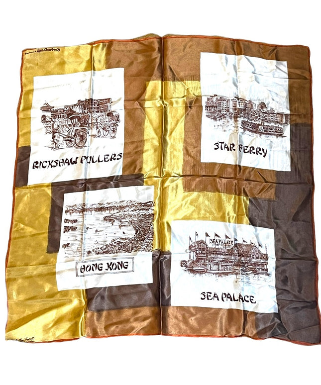 Vintage 1960s HONG KONG Lane Crawfords tourist scarf vacation yellow brown