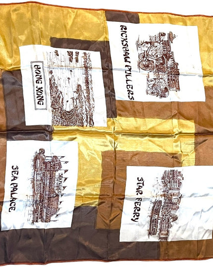 Vintage 1960s HONG KONG Lane Crawfords tourist scarf vacation yellow brown