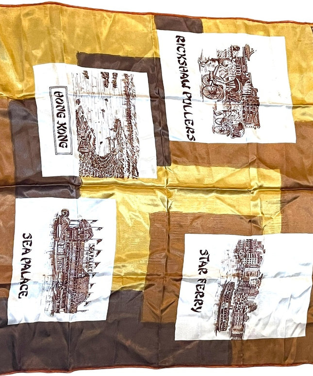 Vintage 1960s HONG KONG Lane Crawfords tourist scarf vacation yellow brown