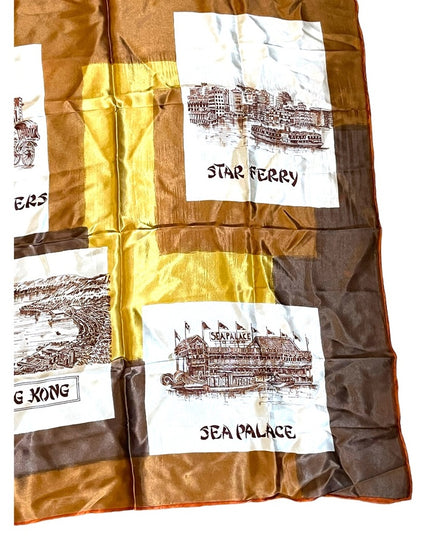 Vintage 1960s HONG KONG Lane Crawfords tourist scarf vacation yellow brown