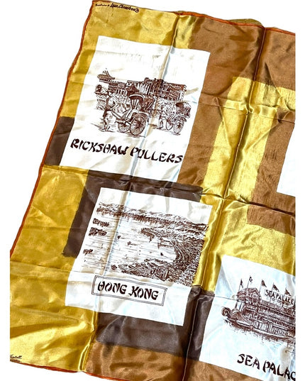 Vintage 1960s HONG KONG Lane Crawfords tourist scarf vacation yellow brown