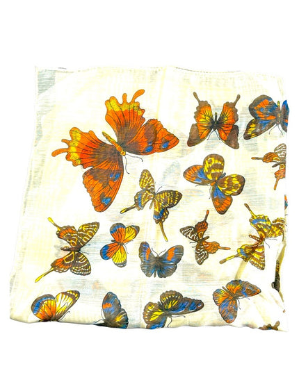 Vintage 1970s Linen Cotton Sheer fancy high end Butterfly scarf handmade