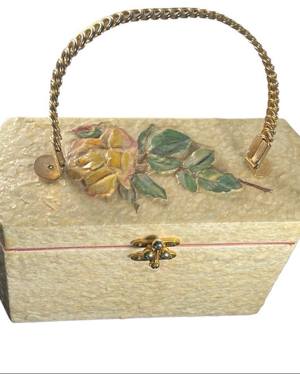Vintage 1950s white Pearl finish 3d yellow rose box purse Beautiful