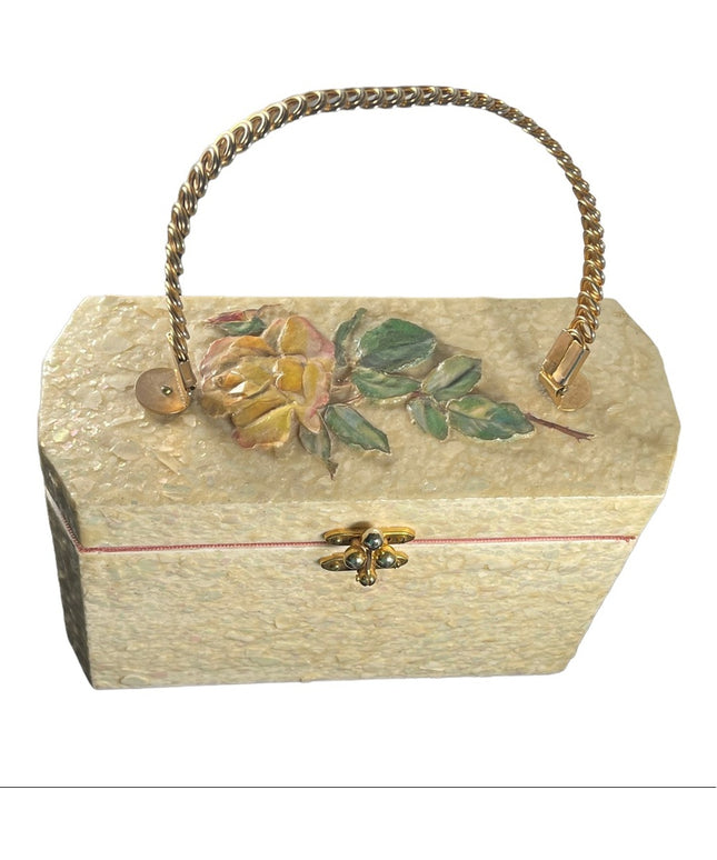 Vintage 1950s white Pearl finish 3d yellow rose box purse Beautiful