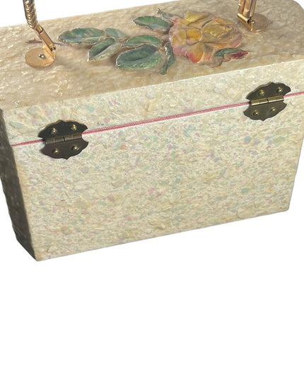 Vintage 1950s white Pearl finish 3d yellow rose box purse Beautiful