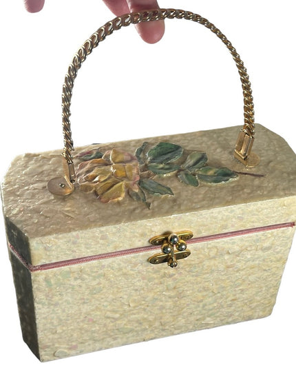 Vintage 1950s white Pearl finish 3d yellow rose box purse Beautiful