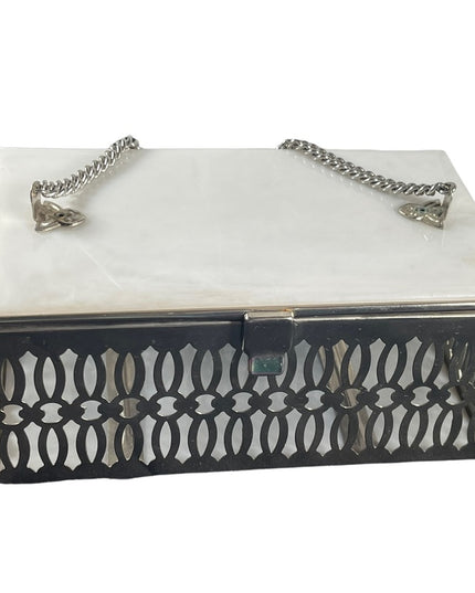 Vintage 1950s Lucite silver metal box purse bird cage ornate design