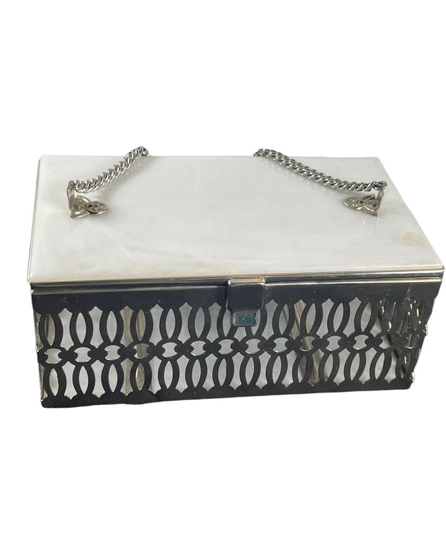 Vintage 1950s Lucite silver metal box purse bird cage ornate design