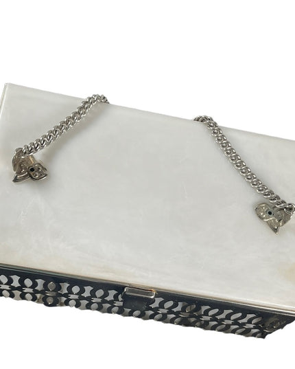 Vintage 1950s Lucite silver metal box purse bird cage ornate design