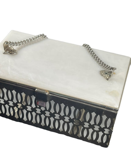 Vintage 1950s Lucite silver metal box purse bird cage ornate design