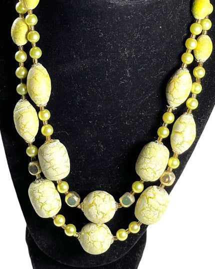Vintage 1950s Fancy Pale lime green ornate  Large faux pearl 2 strand necklace