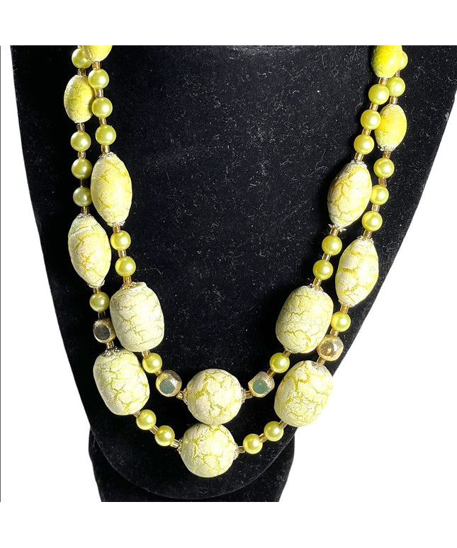 Vintage 1950s Fancy Pale lime green ornate  Large faux pearl 2 strand necklace