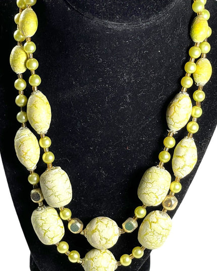 Vintage 1950s Fancy Pale lime green ornate  Large faux pearl 2 strand necklace