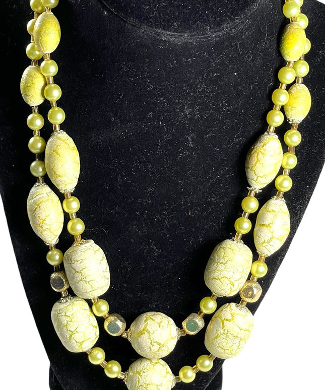 Vintage 1950s Fancy Pale lime green ornate  Large faux pearl 2 strand necklace