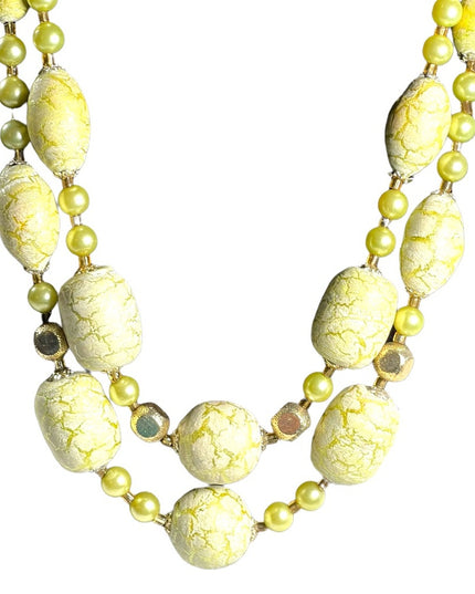 Vintage 1950s Fancy Pale lime green ornate  Large faux pearl 2 strand necklace
