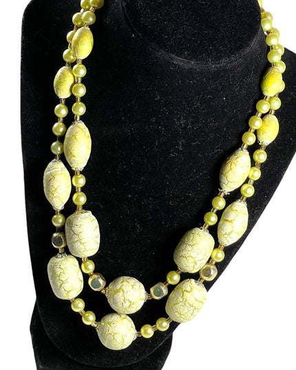 Vintage 1950s Fancy Pale lime green ornate  Large faux pearl 2 strand necklace