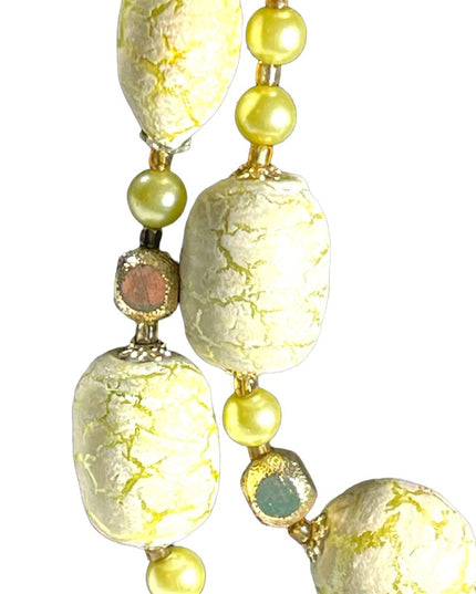 Vintage 1950s Fancy Pale lime green ornate  Large faux pearl 2 strand necklace