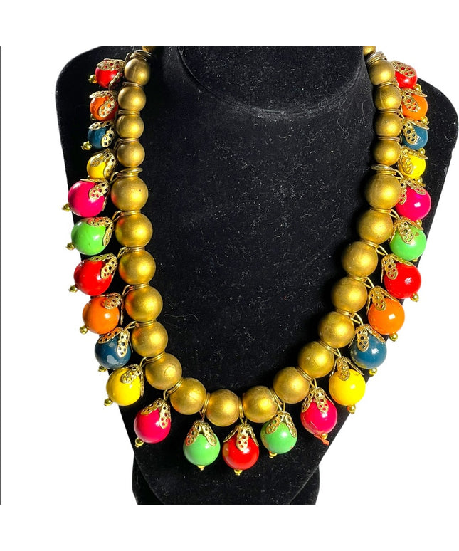 Vintage 1980s Colorful multi color Cha cha statement necklace gold resin fun