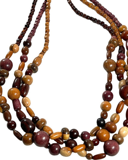 Vintage 1980s 3 strand triple multi grain WOOD bead fancy earthy necklace