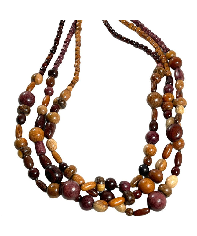 Vintage 1980s 3 strand triple multi grain WOOD bead fancy earthy necklace