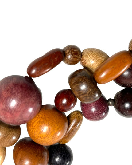 Vintage 1980s 3 strand triple multi grain WOOD bead fancy earthy necklace
