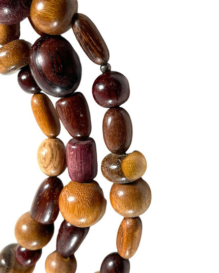 Vintage 1980s 3 strand triple multi grain WOOD bead fancy earthy necklace