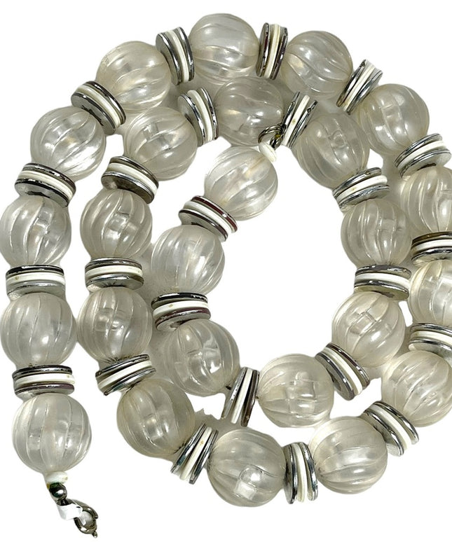 Vintage 1950s fancy chunky heavy lucite plastic white silver bead necklace