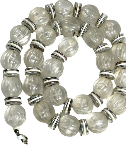 Vintage 1950s fancy chunky heavy lucite plastic white silver bead necklace