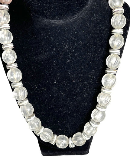 Vintage 1950s fancy chunky heavy lucite plastic white silver bead necklace