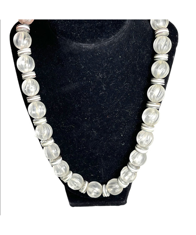 Vintage 1950s fancy chunky heavy lucite plastic white silver bead necklace