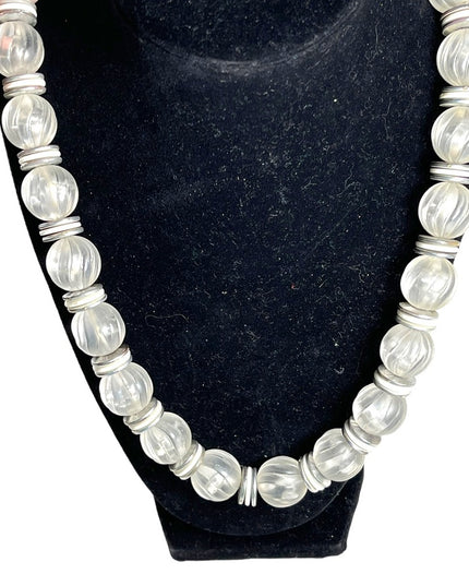 Vintage 1950s fancy chunky heavy lucite plastic white silver bead necklace