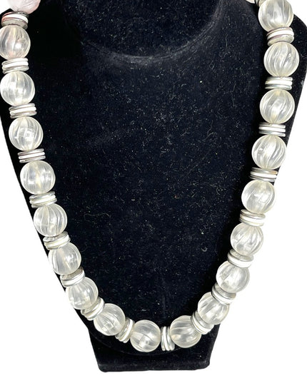 Vintage 1950s fancy chunky heavy lucite plastic white silver bead necklace