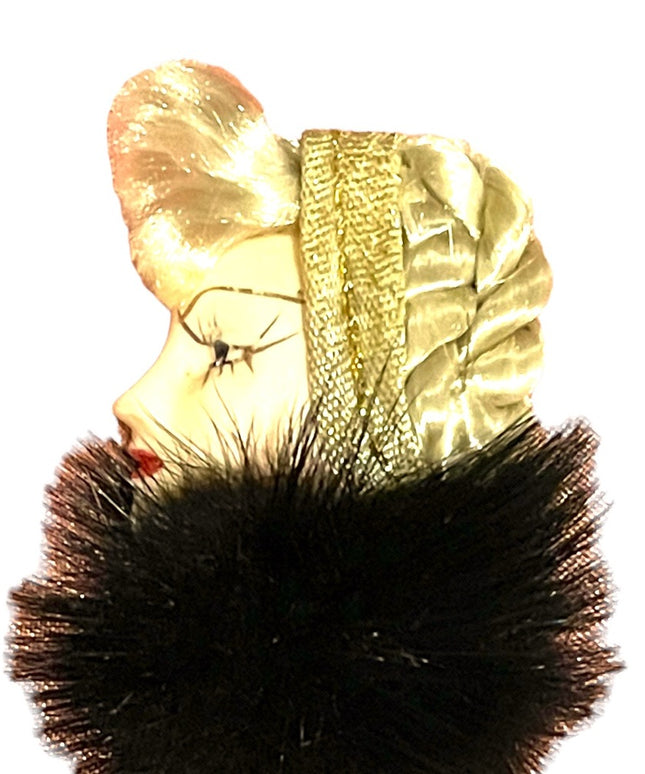 Vintage 1960s Lady head REAL MINK Fur brooch fancy