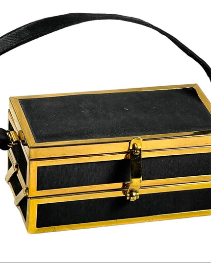 Vintage 1950s gold metal sateen black folding box purse
