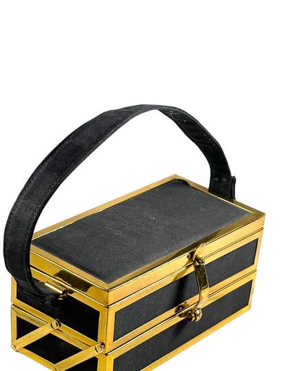 Vintage 1950s gold metal sateen black folding box purse