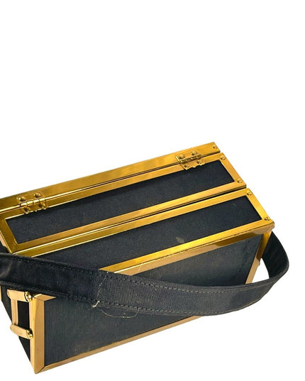 Vintage 1950s gold metal sateen black folding box purse