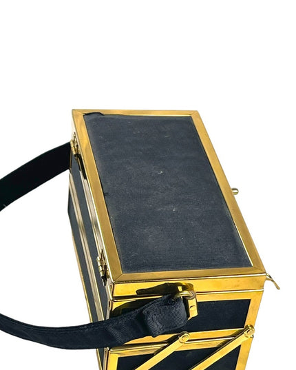 Vintage 1950s gold metal sateen black folding box purse