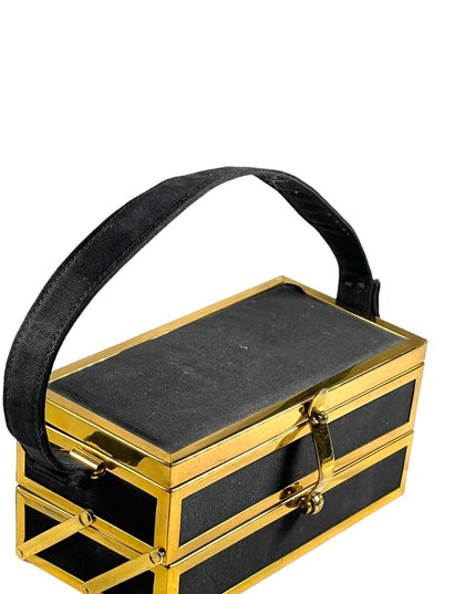 Vintage 1950s gold metal sateen black folding box purse