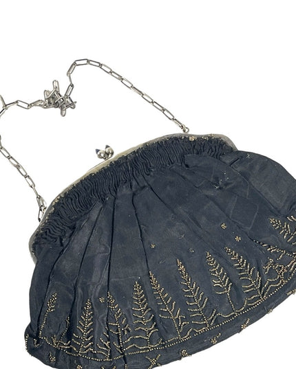 Antique 1910 black sateen hand beaded wristlet purse bag