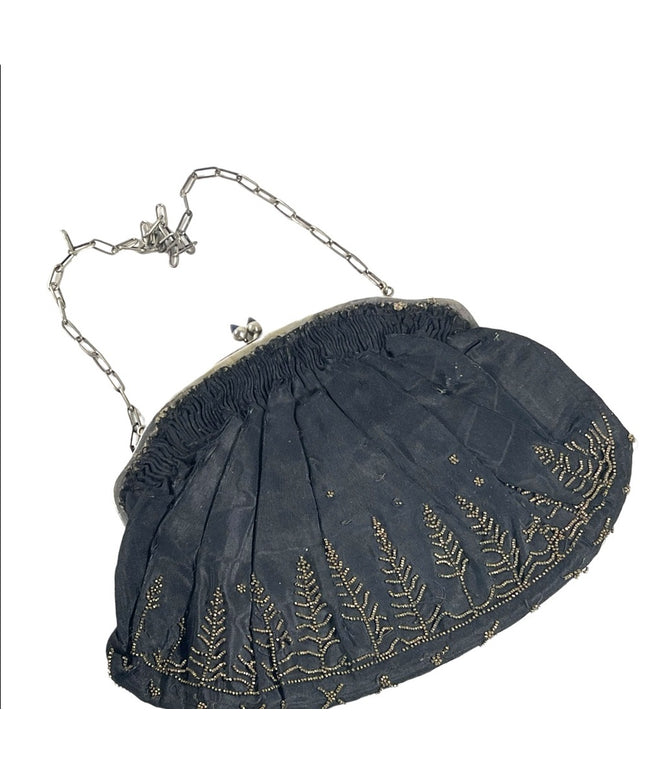 Antique 1910 black sateen hand beaded wristlet purse bag