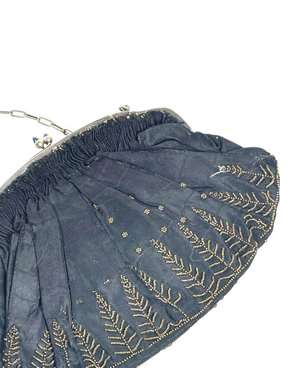 Antique 1910 black sateen hand beaded wristlet purse bag