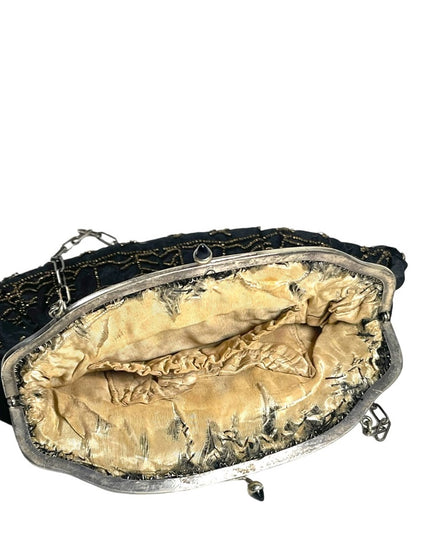 Antique 1910 black sateen hand beaded wristlet purse bag